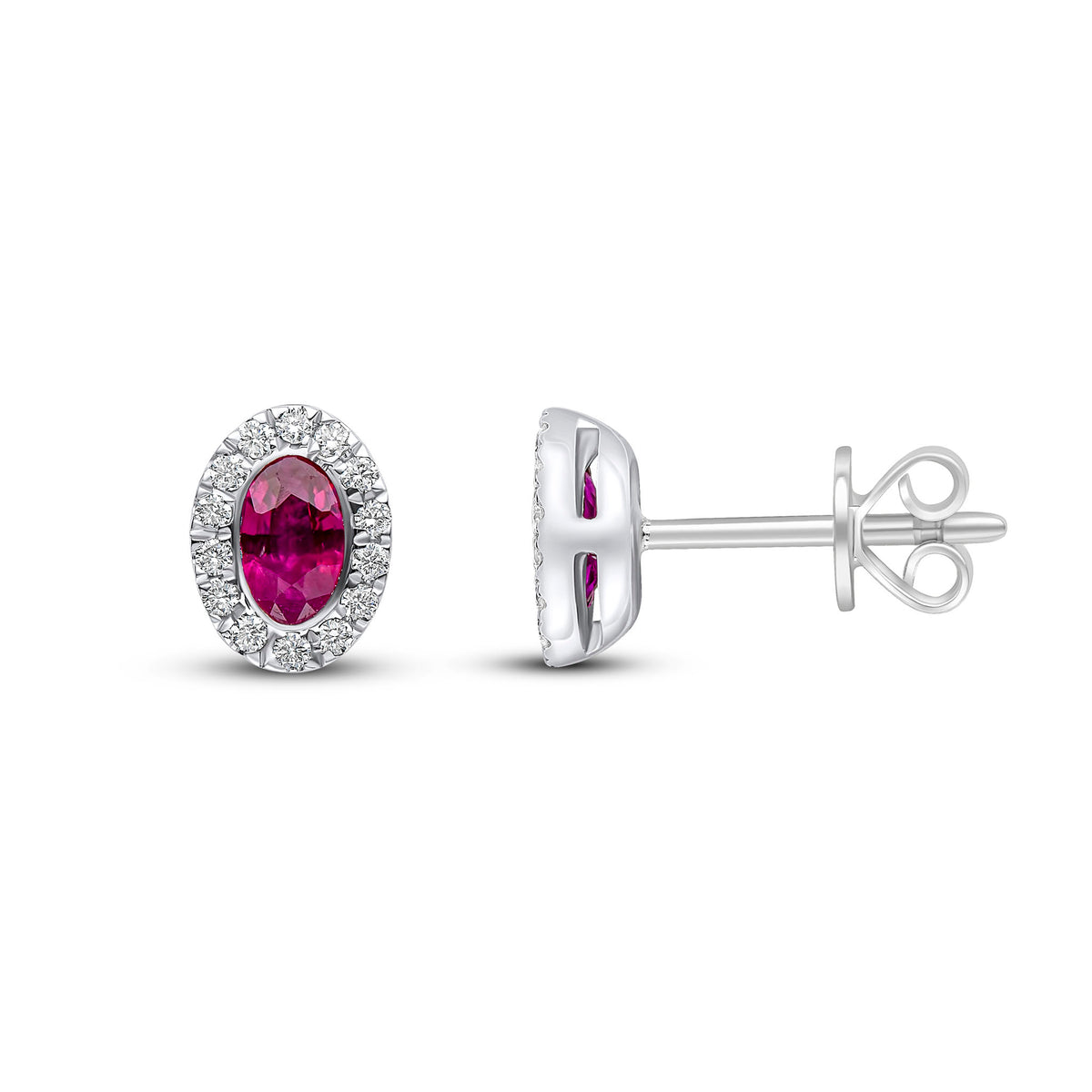 18CT WG 5X3 OVAL RUBY & DIAMOND CLUSTER EARRINGS