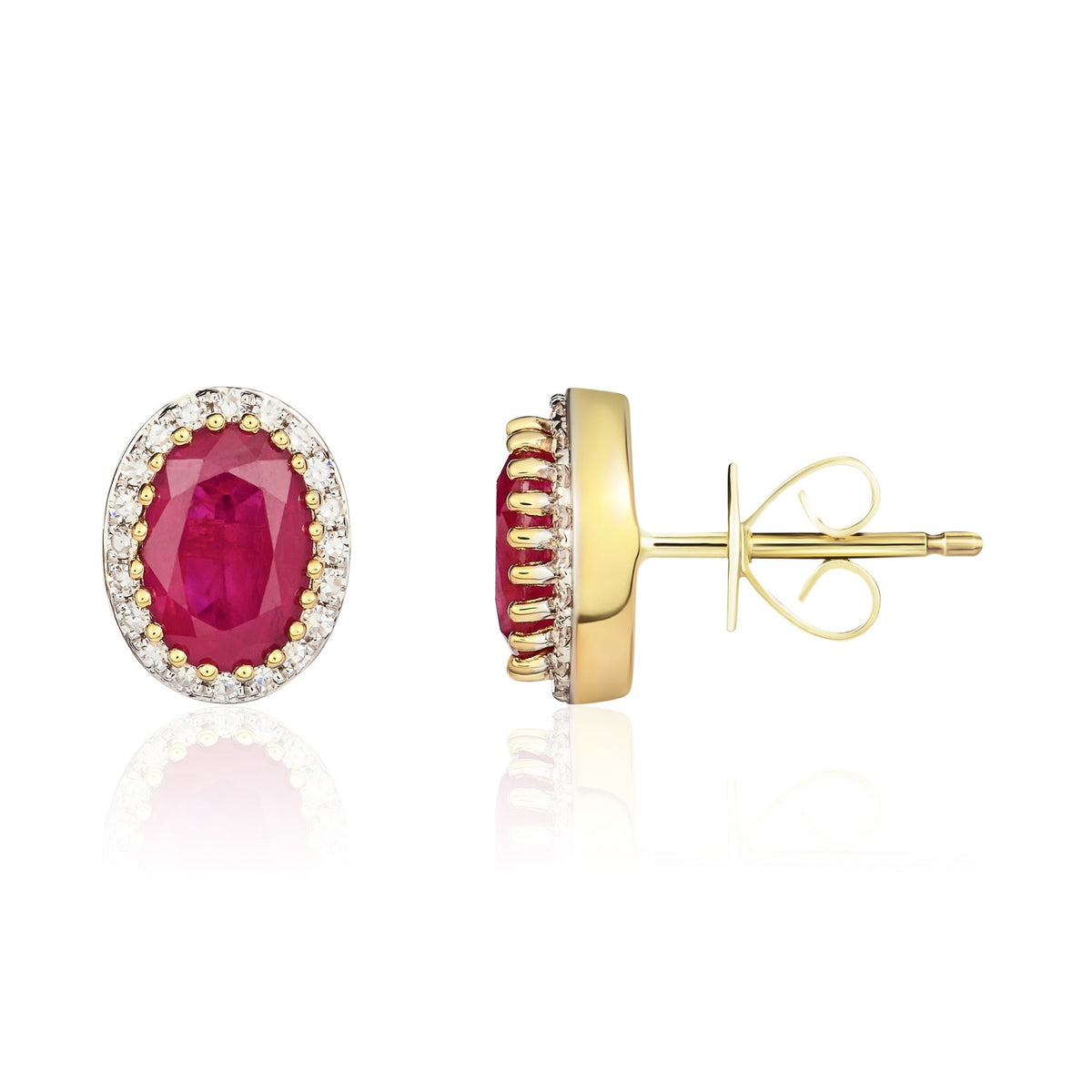 18CT YELLOW GOLD OVAL RUBY & DIAMOND CLUSTER EARRINGS