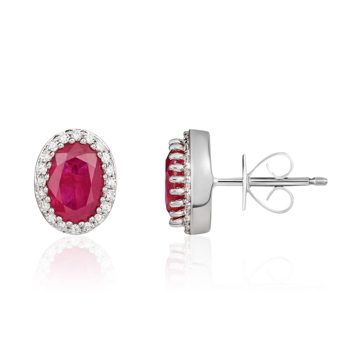 18CT WG 7X5 OVAL RUBY & DIAMOND CLAW SET CLUSTER EARRINGS