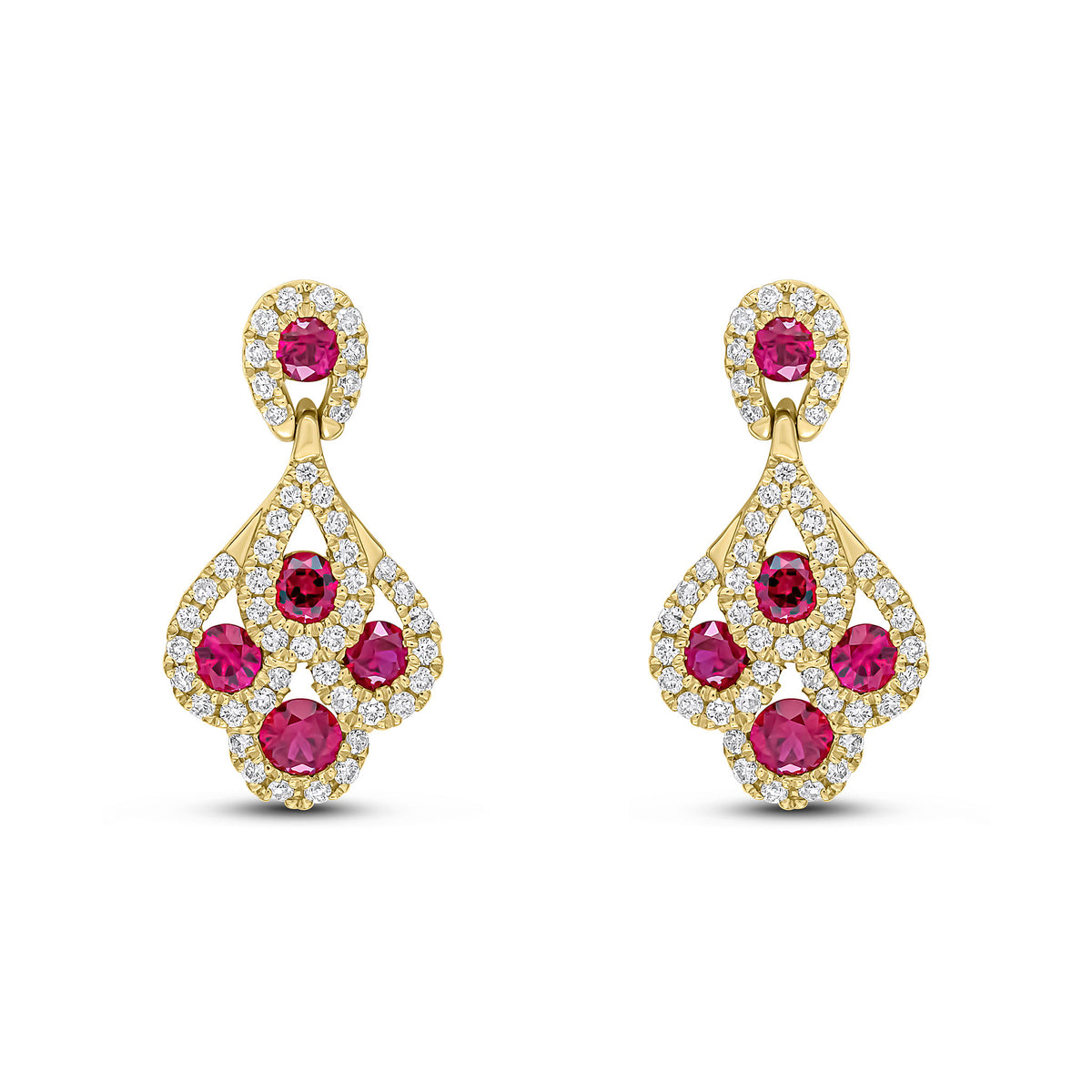 18CT YG ROUND RUBY AND DIAMOND 'PEACOCK' DROP EARRINGS