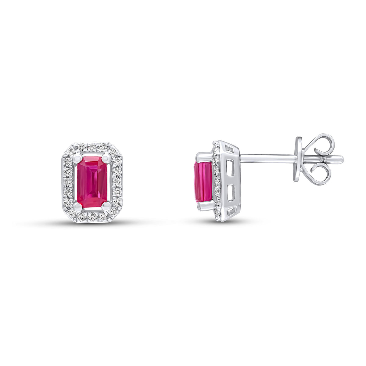 18CT WG 5X3 CLAW SET OCTAGON RUBY AND GRAIN SET ROUND DIAMOND HALO CLUSTER EARRINGS