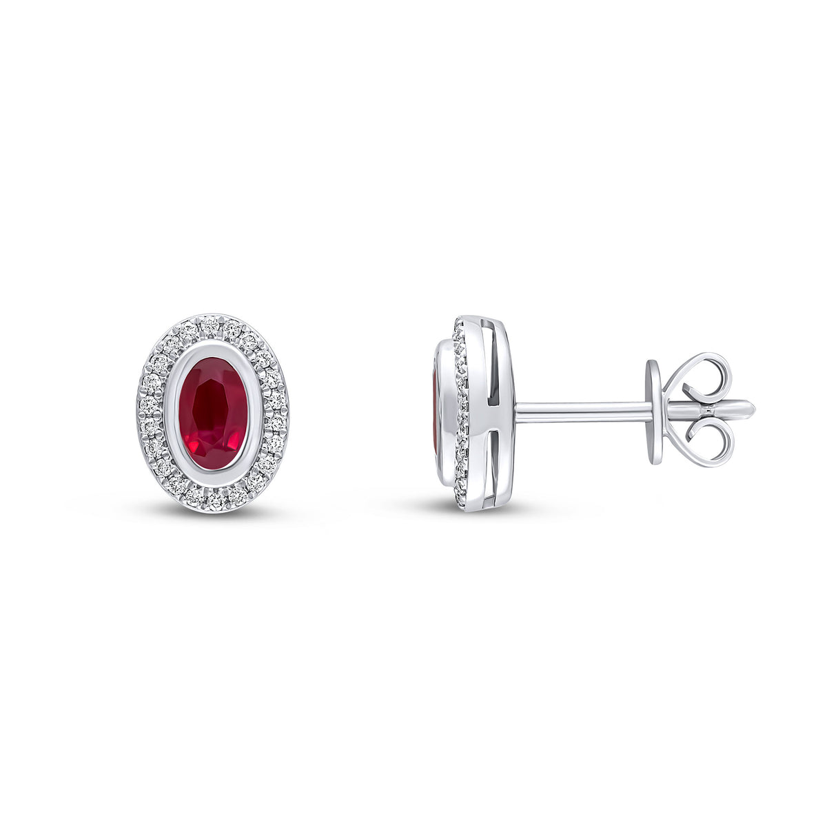 18CT WHITE GOLD RUBOVER OVAL RUBY AND GRAIN SET ROUND DIAMOND CLUSTER EARRINGS