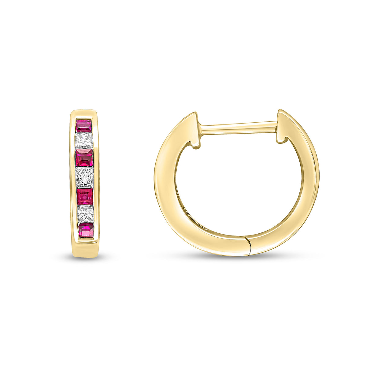 18YG.SQUARE RUBY & DIAMOND HUGGIES