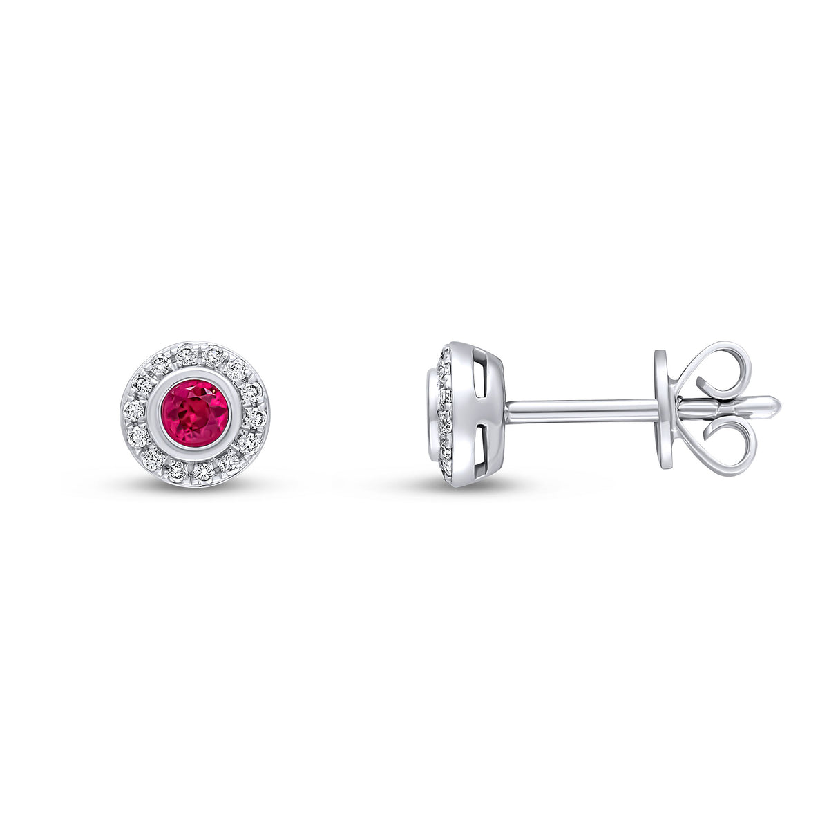 18CT WG RUBOBVER ROUND RUBY & GRAIN SET DIAMOND CLUSTER EARRINGS