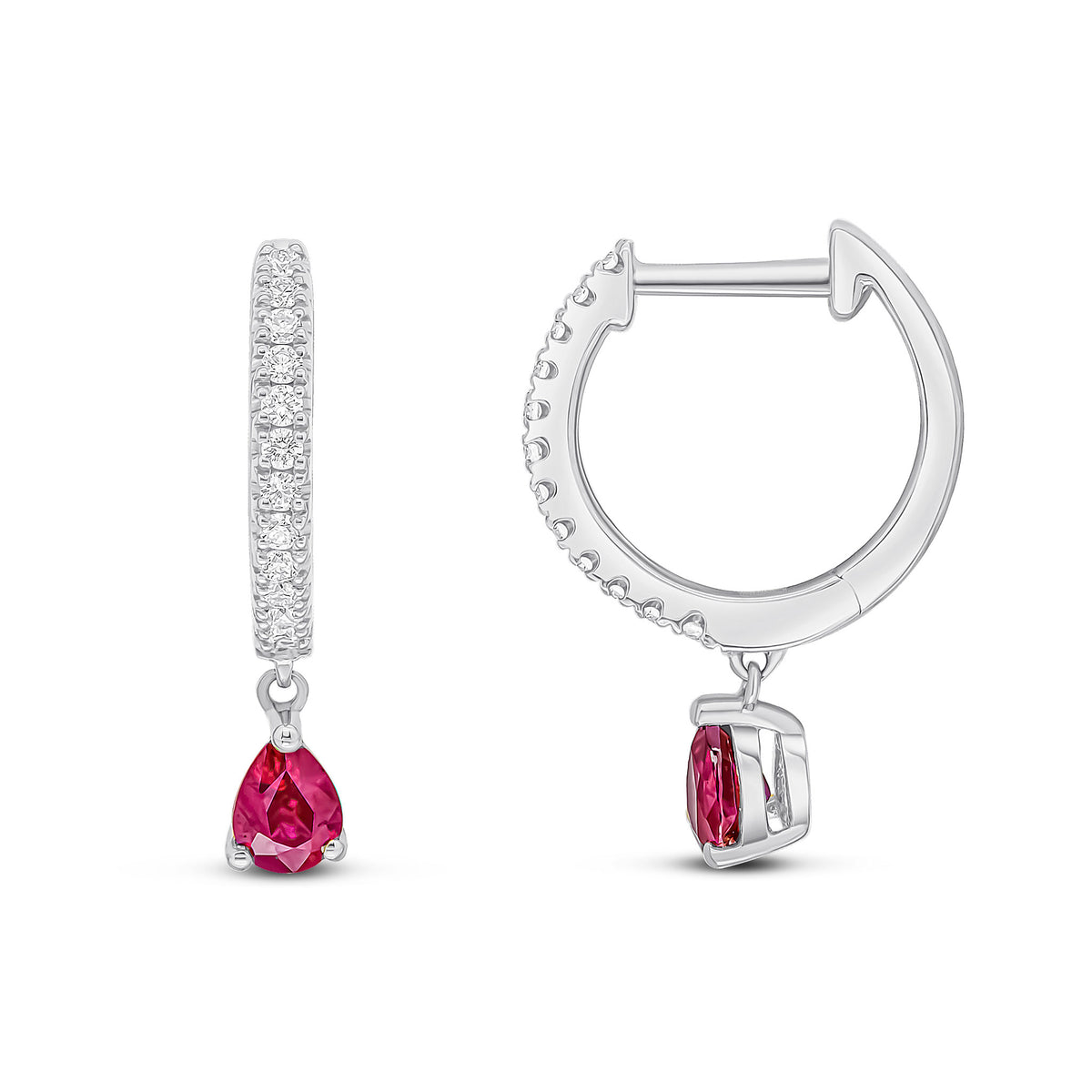 18CT WG CLAW SET DIAMOND HOOP EARRINGS WITH PEARSHAPE RUBY DROP