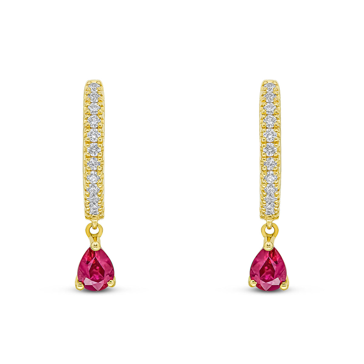 18CT YG CLAW SET DIAMOND HOOP EARRINGS WITH PEARSHAPE RUBY DROP