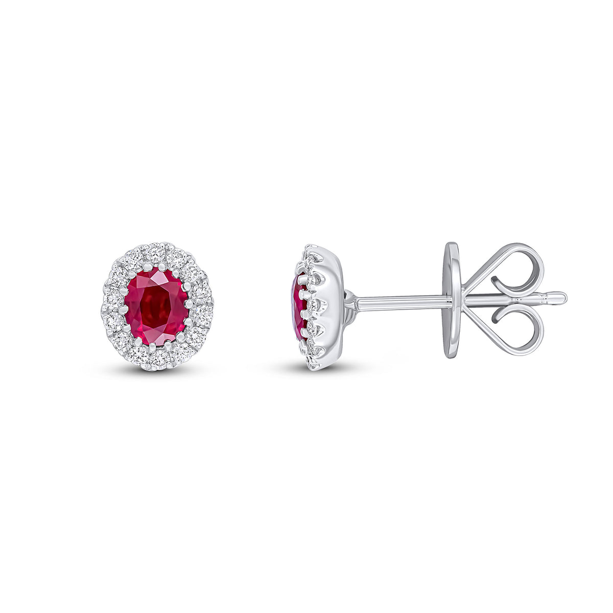 18CT WHITE GOLD 4.5 X 3.5 OVAL RUBY AND ROUND DIAMOND CLAW SET CLUSTER EARRINGS