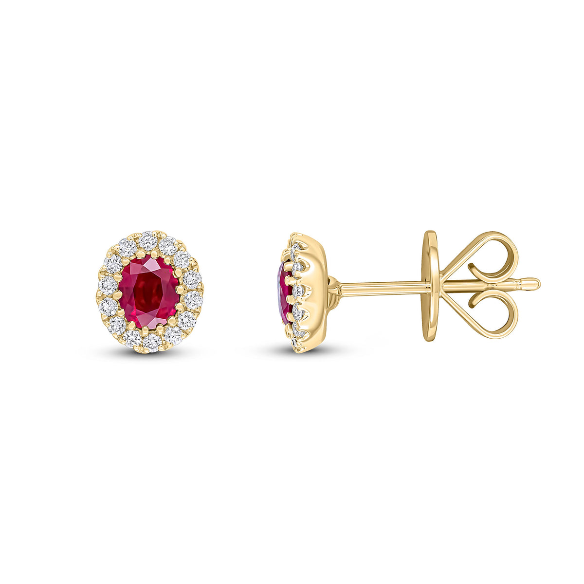 18CT YELLOW GOLD 4.5 X 3.5 OVAL RUBY AND ROUND DIAMOND CLAW CLUSTER EARRINGS