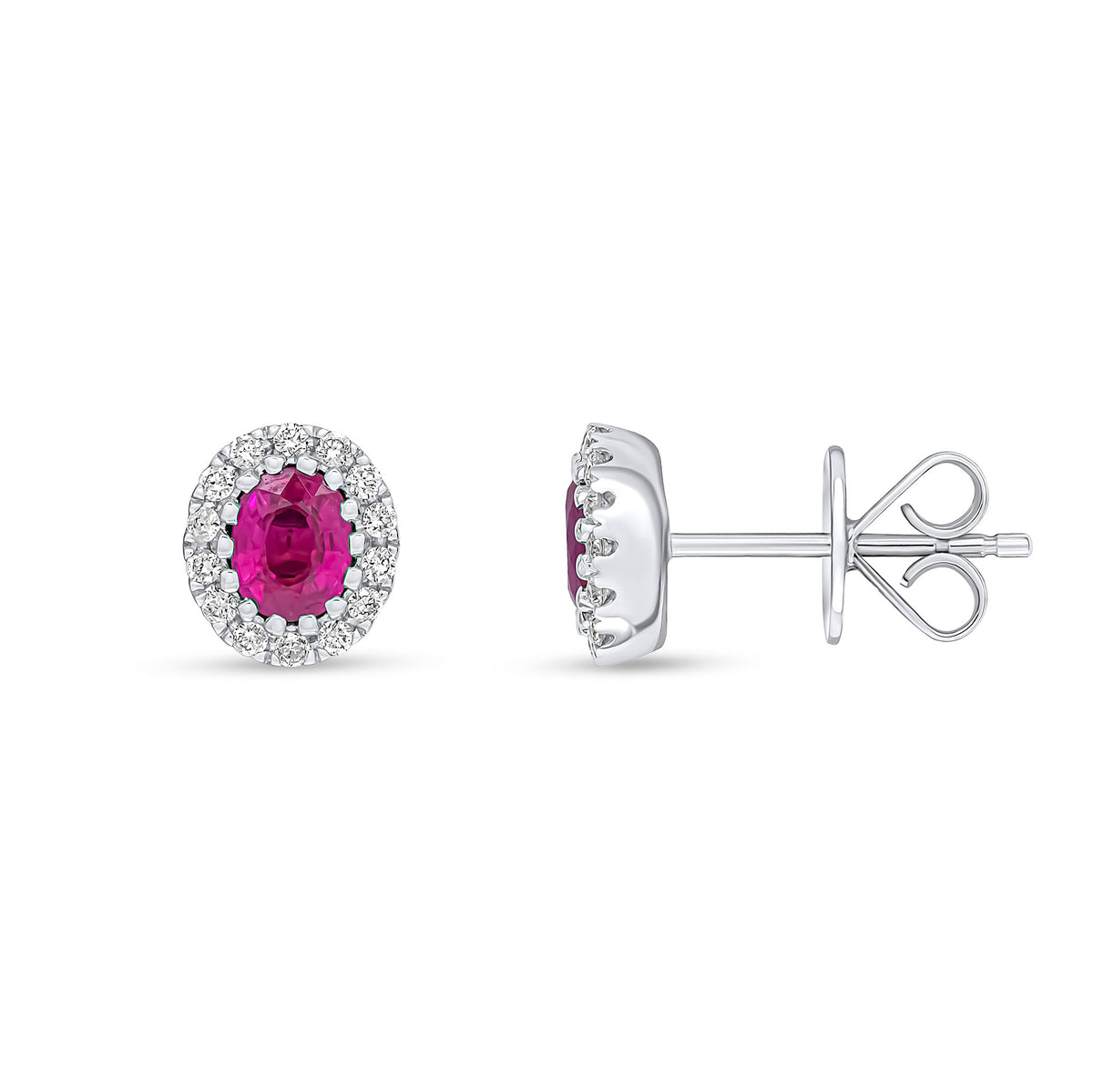 18CT WG 5X4 OVAL RUBY AND ROUND DIAMOND CLAW SET CLUSTER EARRINGS