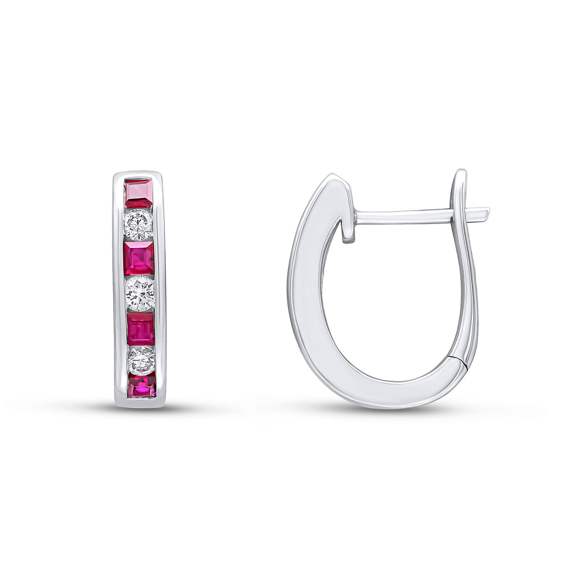 18WG SQUARE RUBY & ROUND DIAMOND OVAL CHANNEL HOOPS