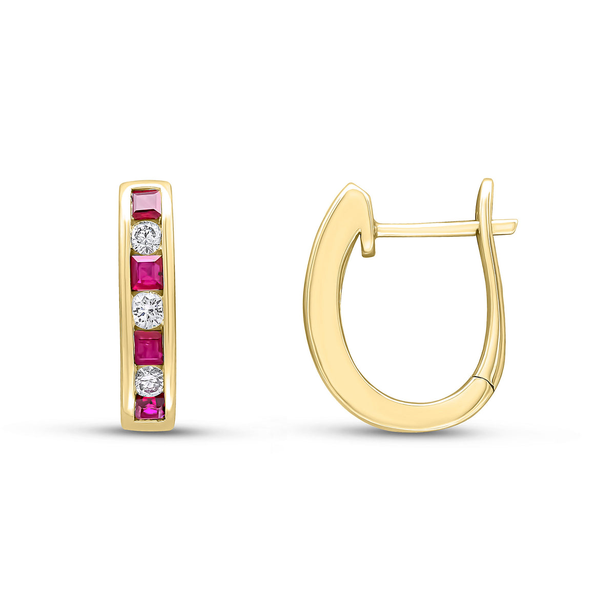 18YG SQUARE RUBY & ROUND DIAMOND OVAL CHANNEL HOOPS