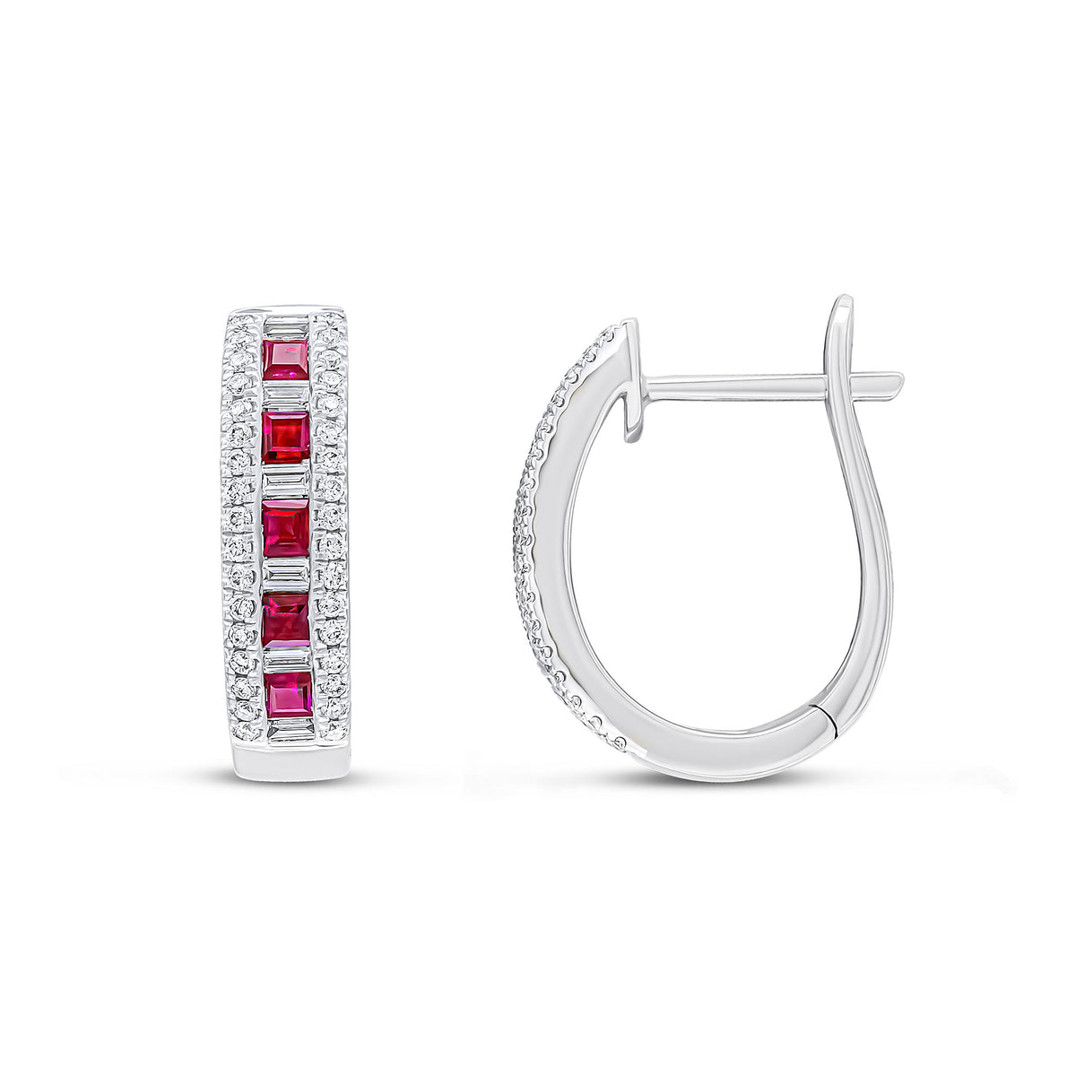 18WG SQUARE RUBY, BAGUETTE & BRILL DIAMOND OVAL HOOPS