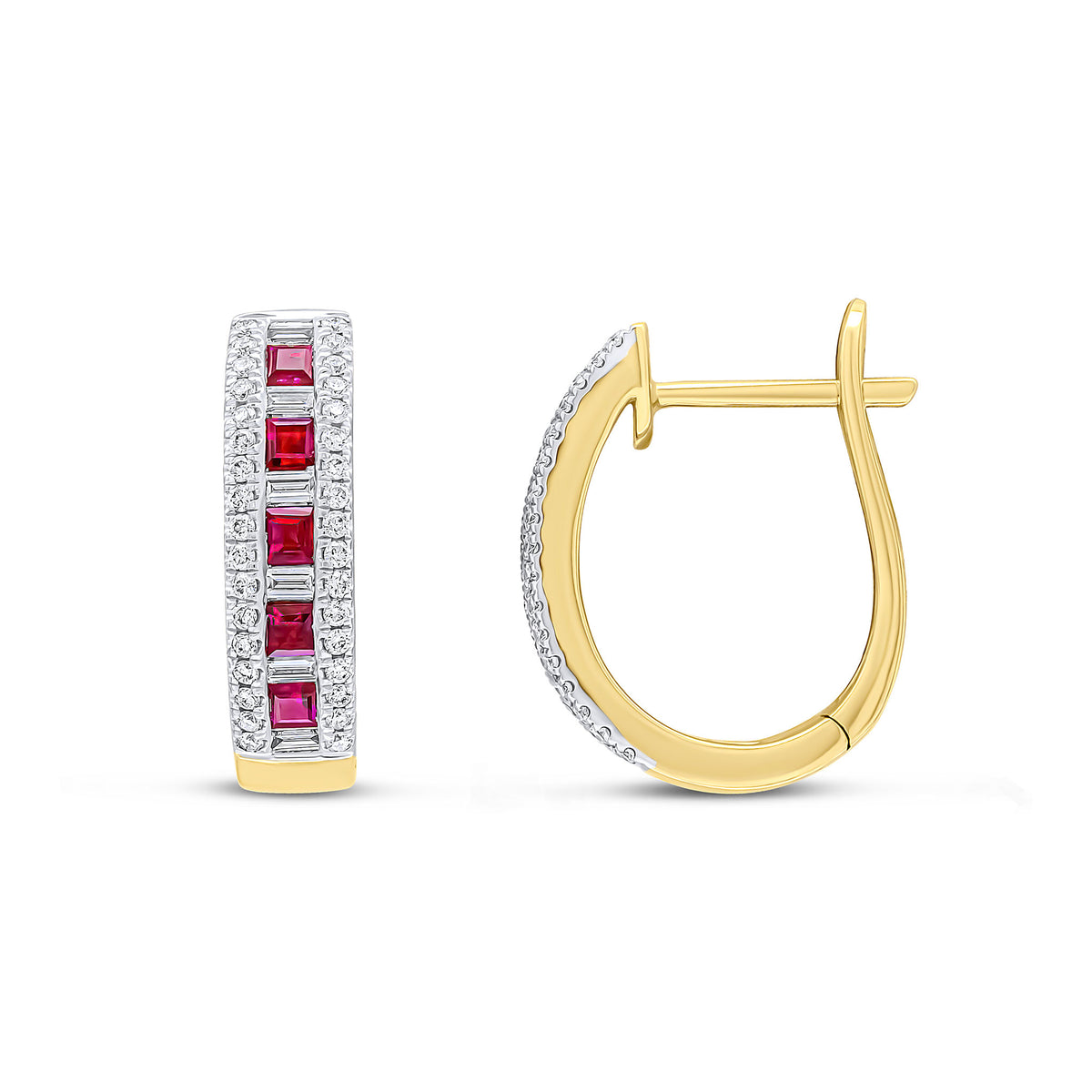 18YG SQUARE RUBY, BAGUETTE & BRILL DIAMOND OVAL HOOPS