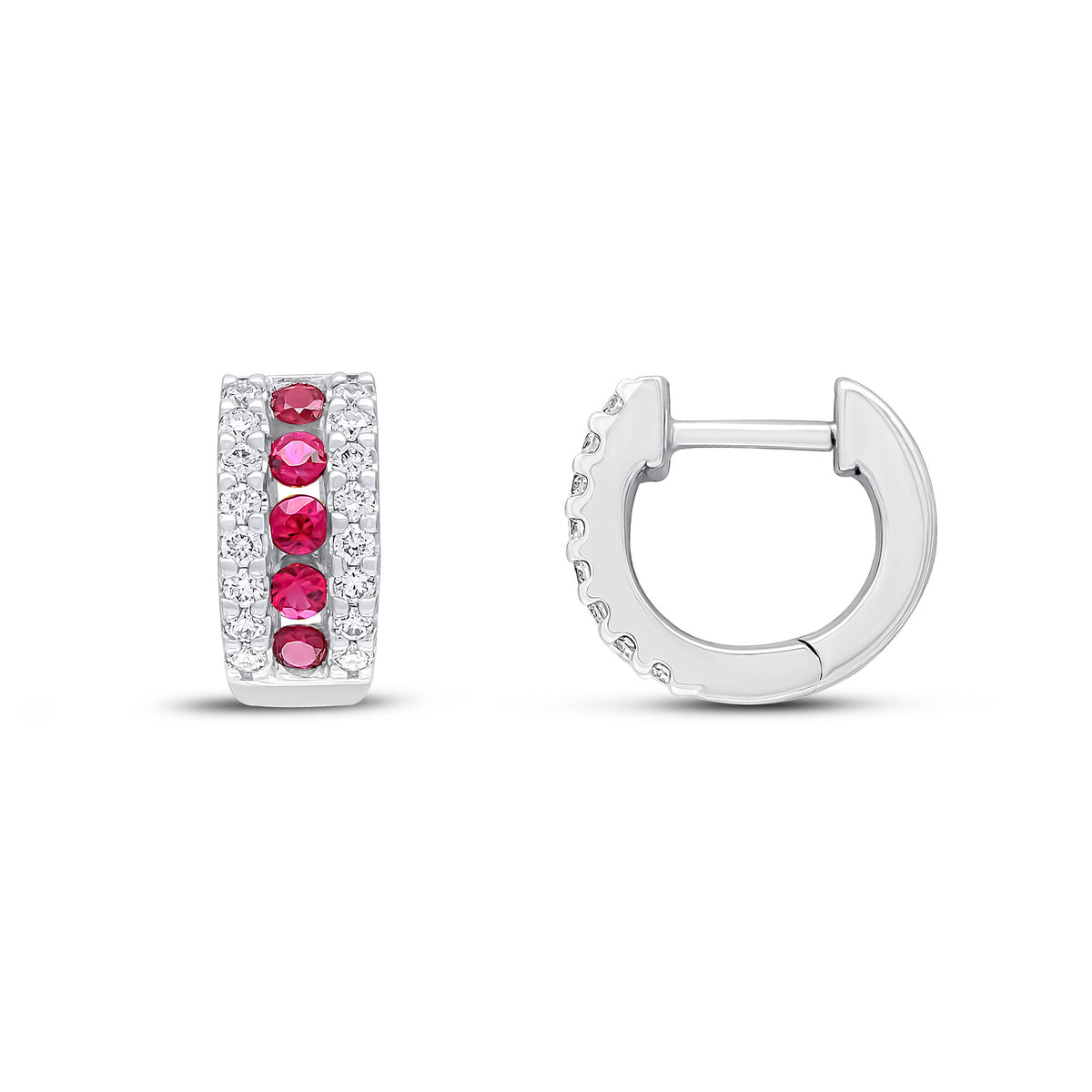 18WG ROUND RUBY & DIAMOND 3ROW HUGGIES