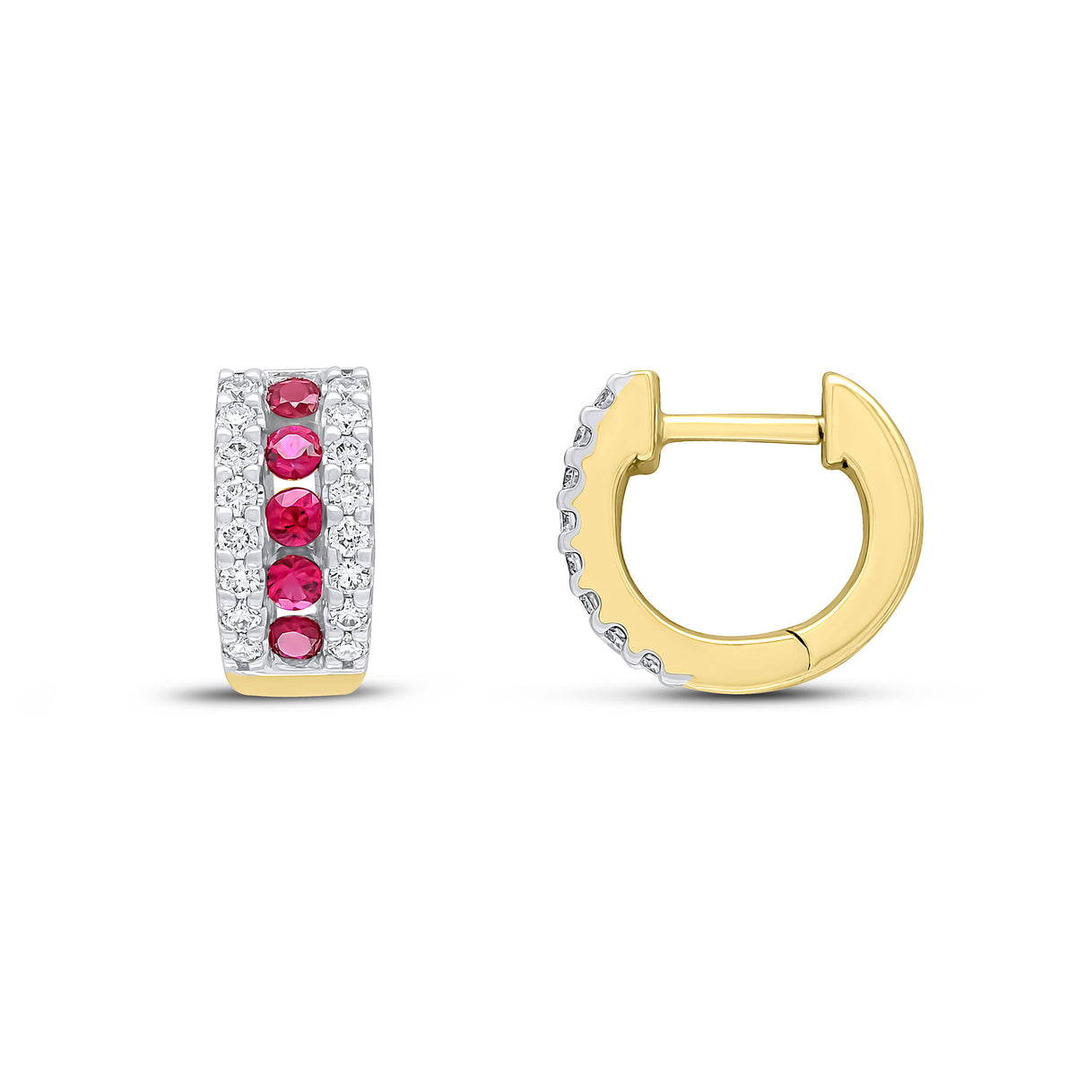 18YG ROUND RUBY & DIAMOND 3ROW HUGGIES