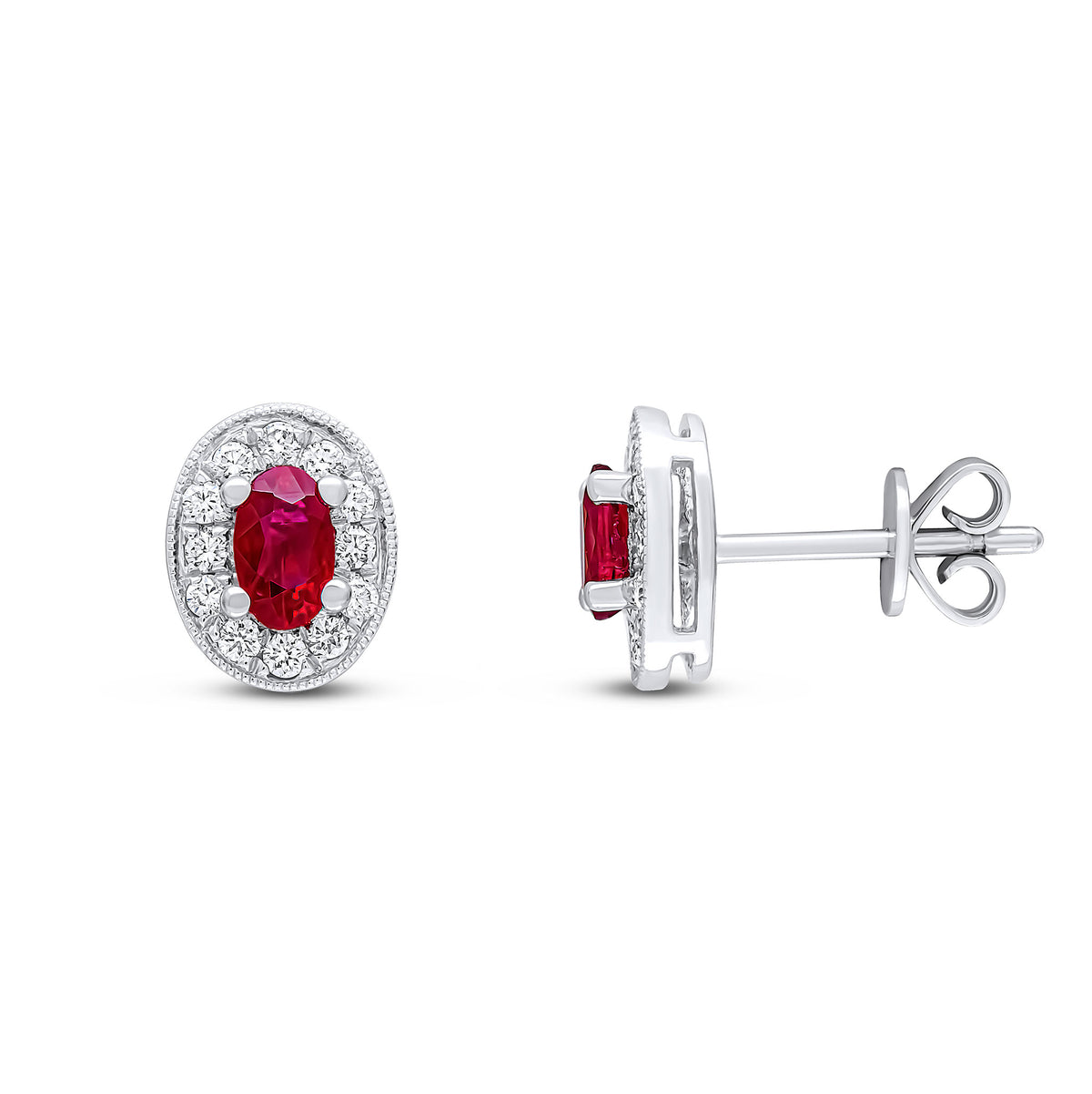 18CT WG CLAW SET 5X3 OVAL RUBY AND MILLEGRAIN ROUND DIAMOND CLUSTER EARRINGS