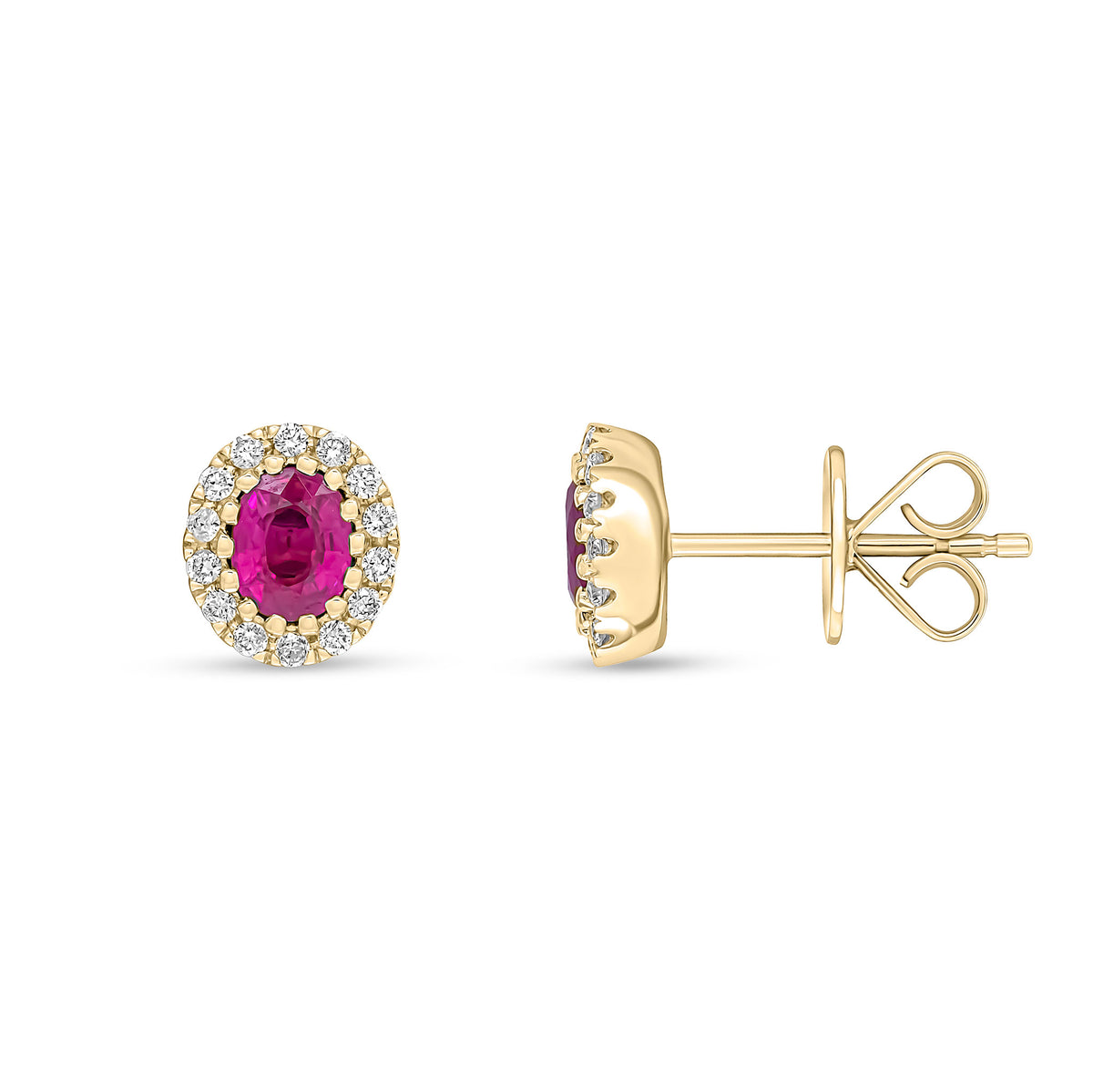 18CT YG 5X4 OVAL RUBY AND ROUND DIAMOND CLAW CLUSTER EARRINGS