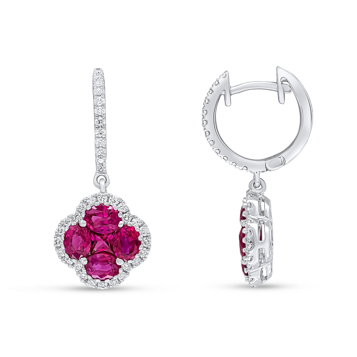 18CT WG ROUND DIAMOND CLAW SET HOOP WITH RUBY AND DIAMOND QUATREFOIL CLUSTER DROP EARRINGS