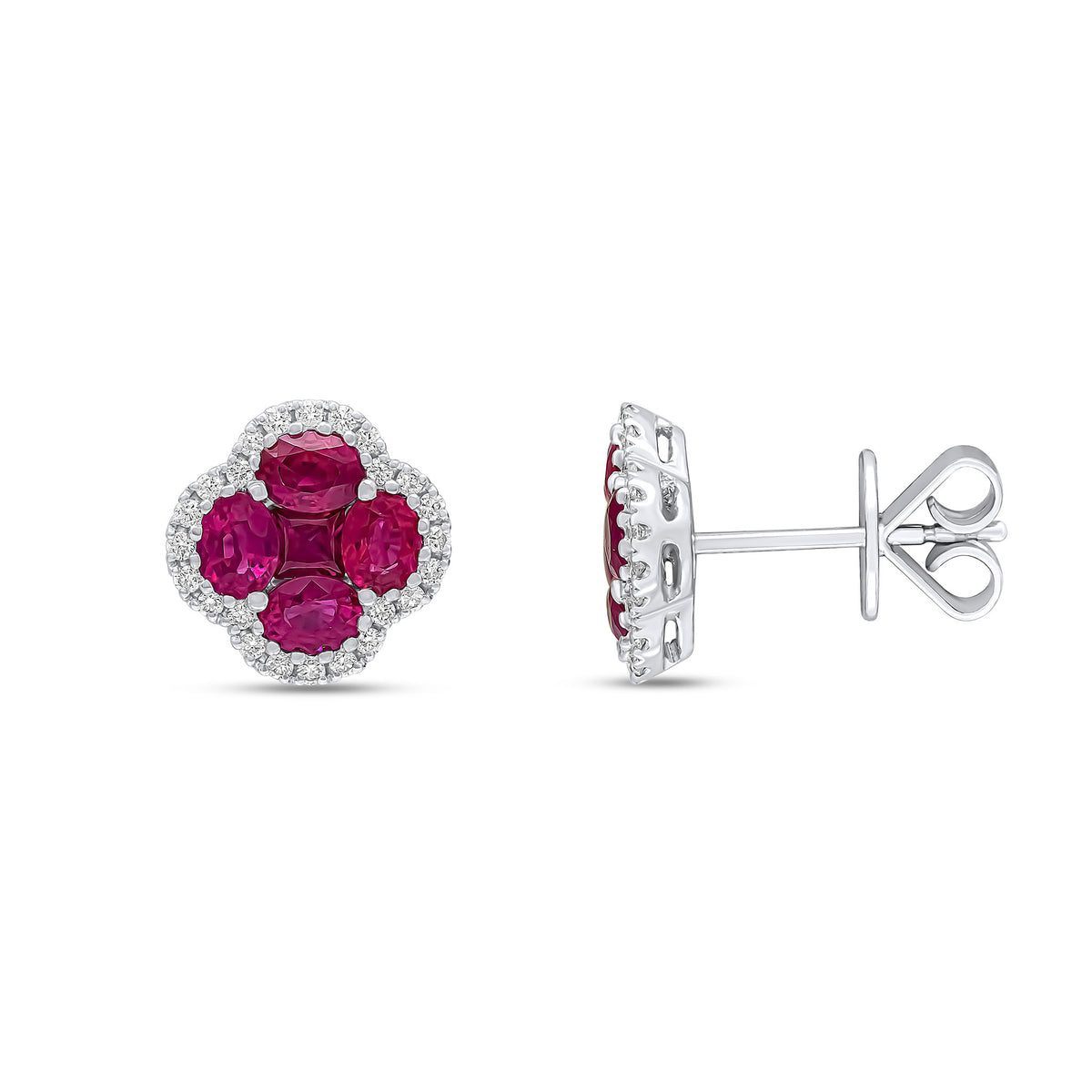 18CT WG OVAL AND SQUARE RUBY AND DIAMOND CLAW SET QUATREFOIL STUD EARRINGS