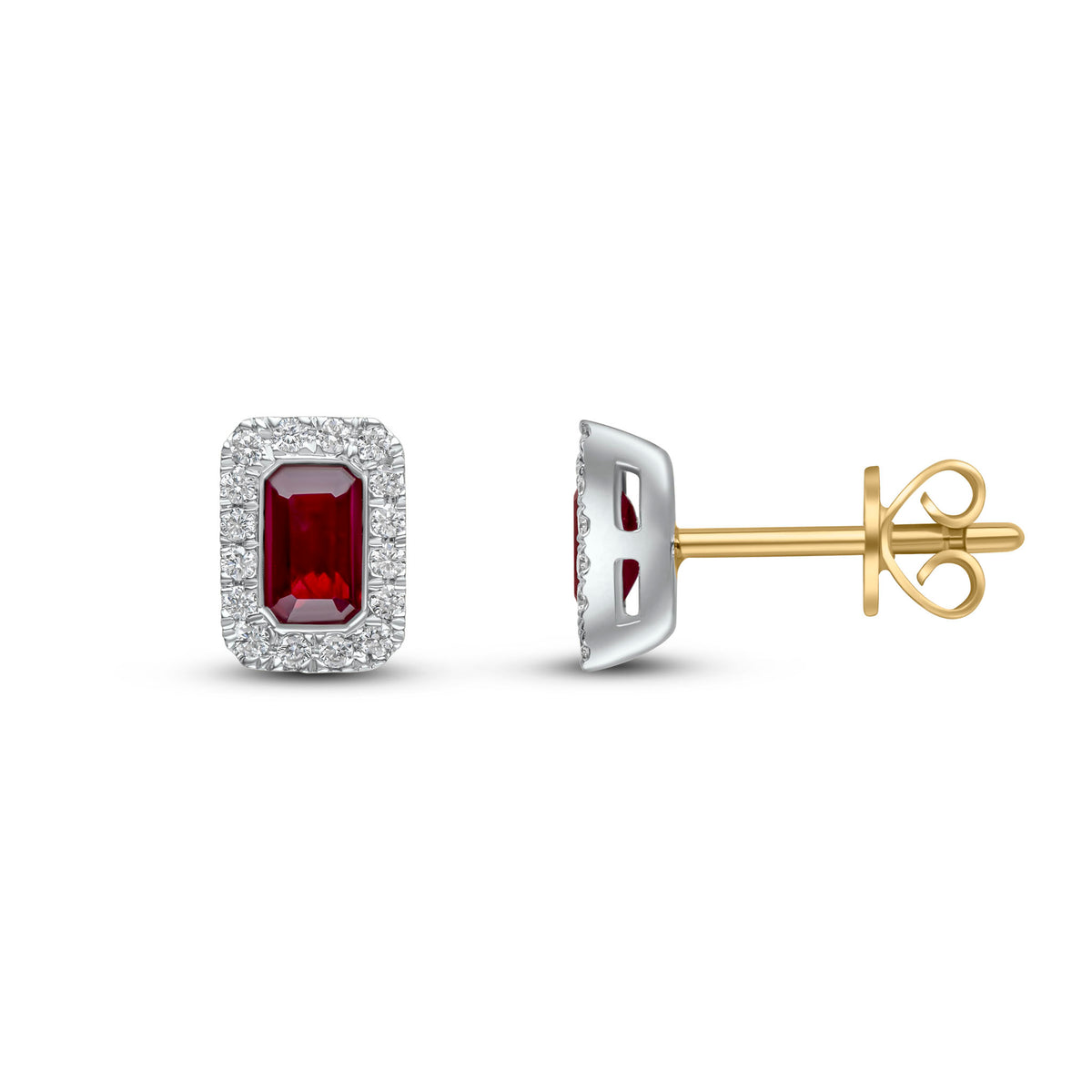 18CT YWG 5X3 OCTAGON RUBY & DIAMOND CLUSTER EARRINGS WITH YG PEG AND SCROLL FITTINGS