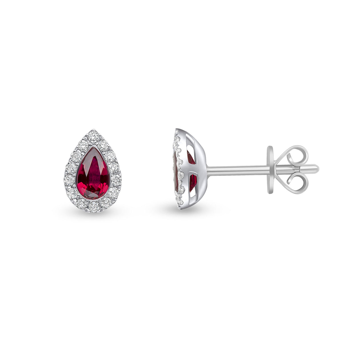 18CT WG 5X3 PEARSHAPE RUBY & DIAMOND MICROSET CLUSTER EARRINGS