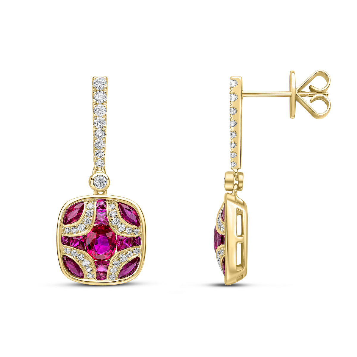 18CT YG RUBY AND DIAMOND SHIELD & DIAMOND LINE TOP DROP EARRINGS