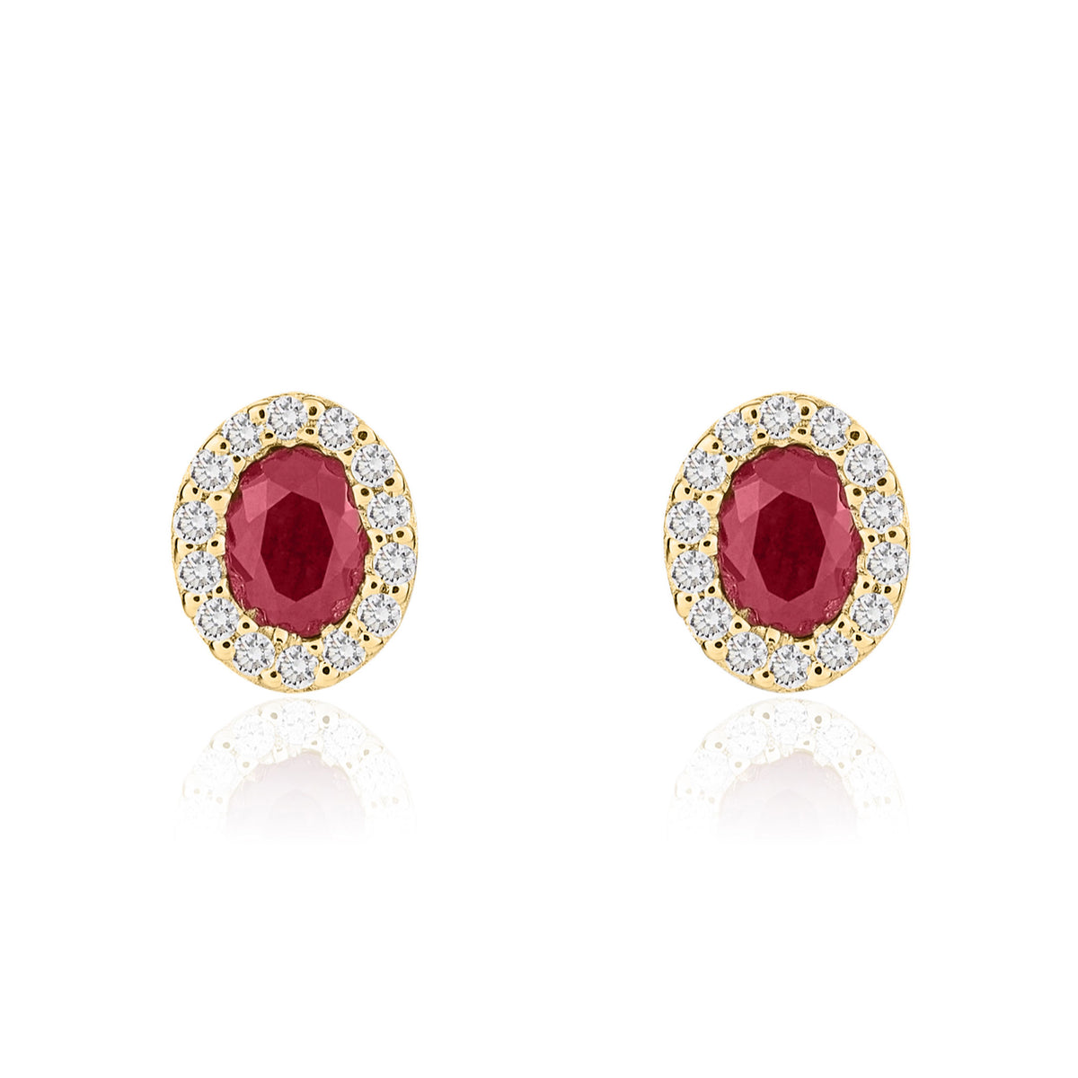 18CT YG 4X3 OVAL RUBY & DIAMOND MICROSET CLUSTER EARRINGS