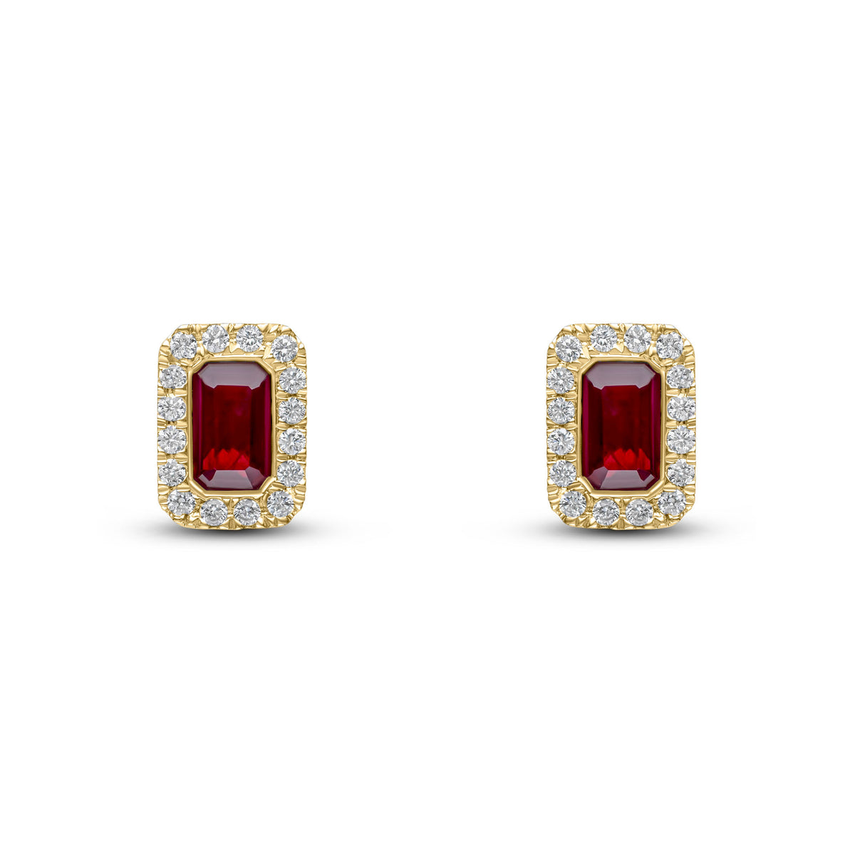 18CT YG 5X3 OCTAGON RUBY & DIAMOND MICROSET CLUSTER EARRINGS