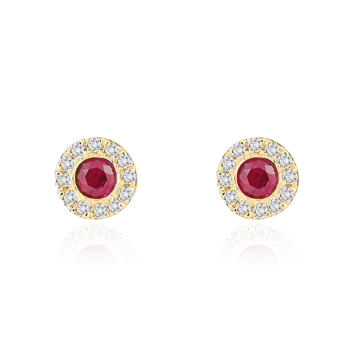 18CT YG 3MM ROUND RUBY AND DIAMOND MICROSET CLUSTER EARRINGS