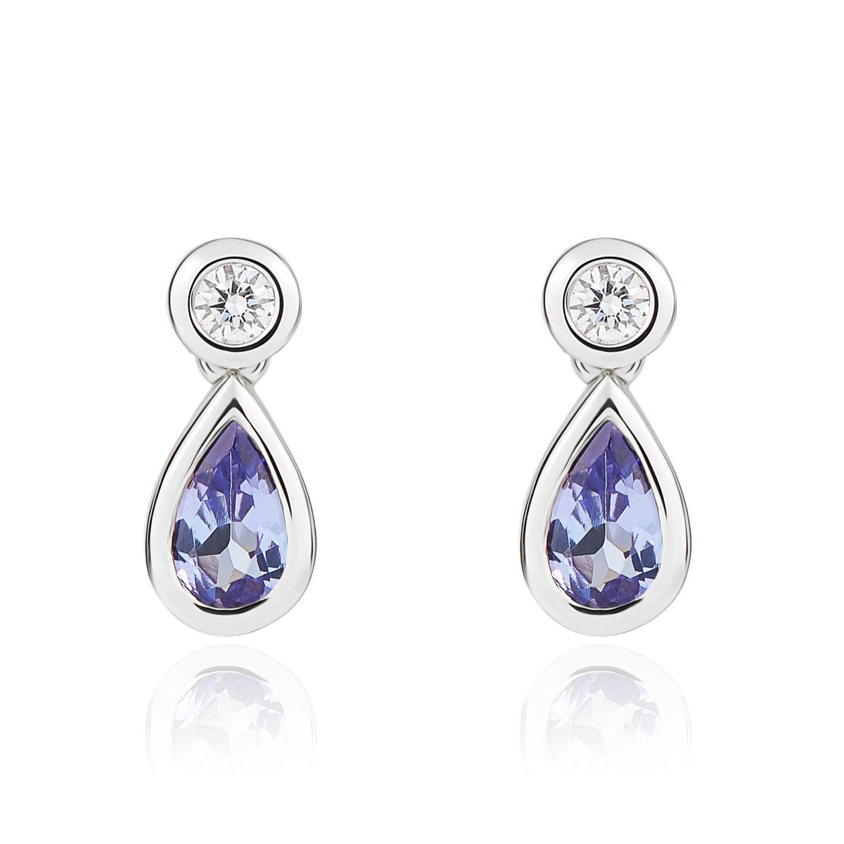 18CT WG PEARSHAPE TANZANITE AND ROUND DIAMOND RUBOVER 2ST DROP EARRINGS