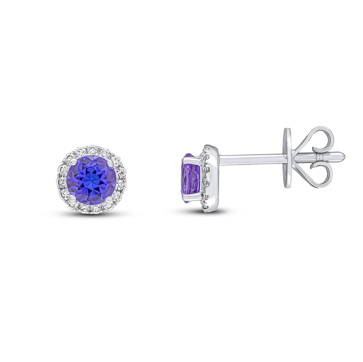 18CT WG 4MM ROUND TANZANITE AND ROUND DIAMOND CLAW CLUSTER EARRINGS