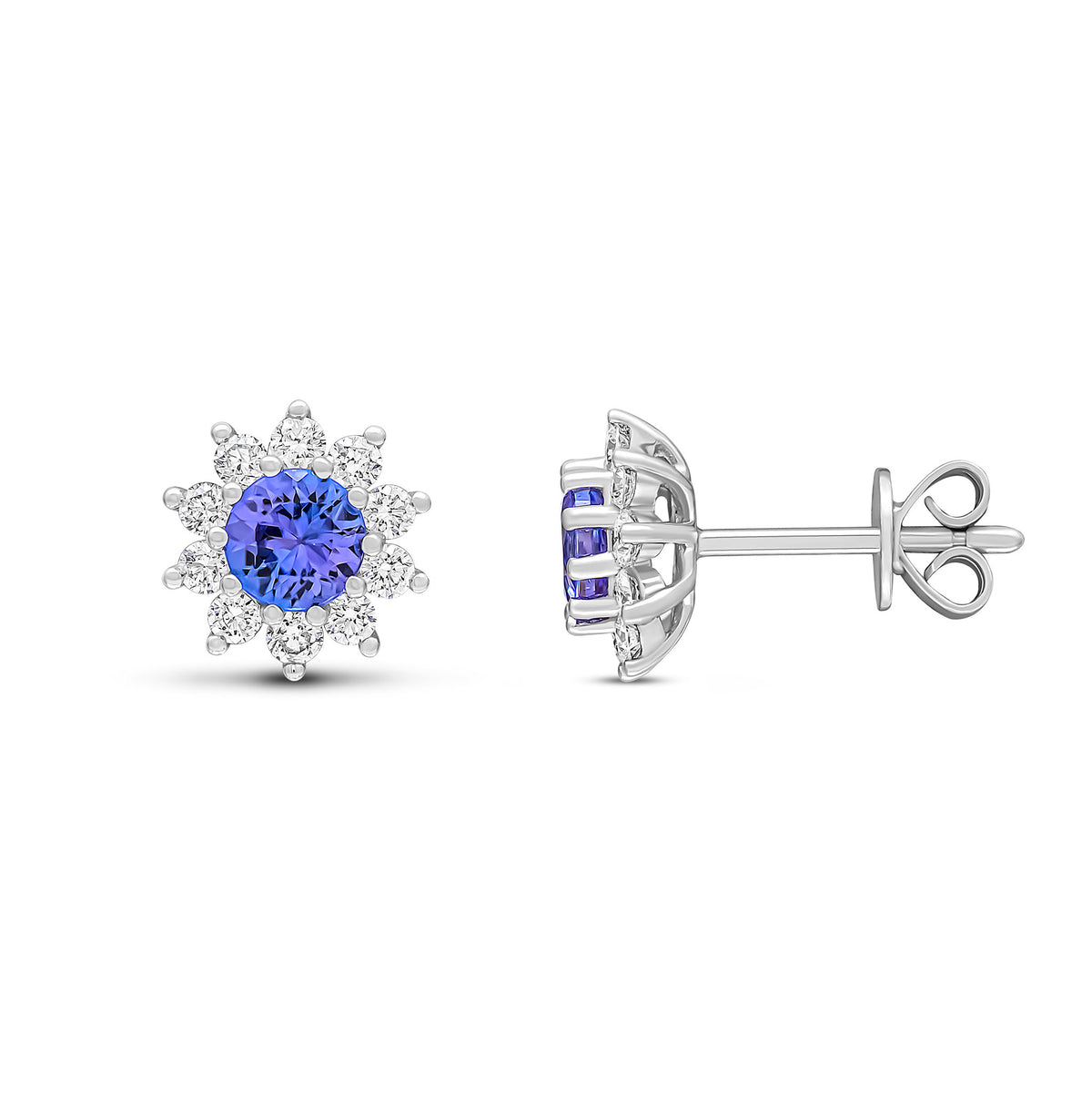 18CT WG 4.5MM ROUND TANZANITE & ROUND DIAMOND CLAW CLUSTER EARRINGS