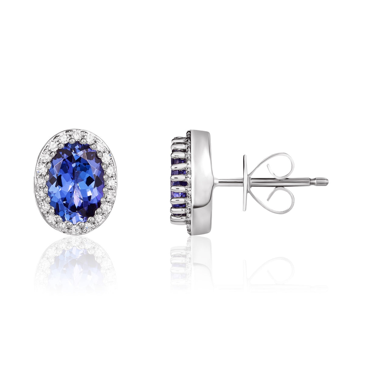 18CT WHITE GOLD OVAL TANZANITE & DIAMOND CLUSTER EARRINGS