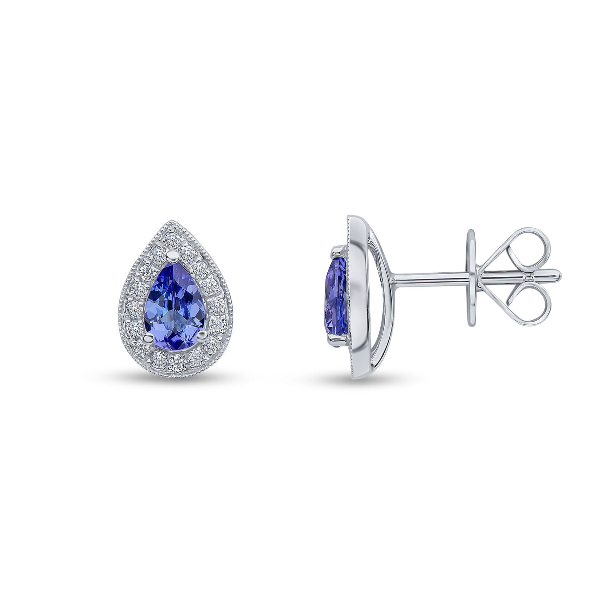 18CT WG CLAW SET 6X4 PEARSHAPE TANZANITE AND MILLEGRAIN SET ROUND DIAMOND CLUSTER EARRINGS