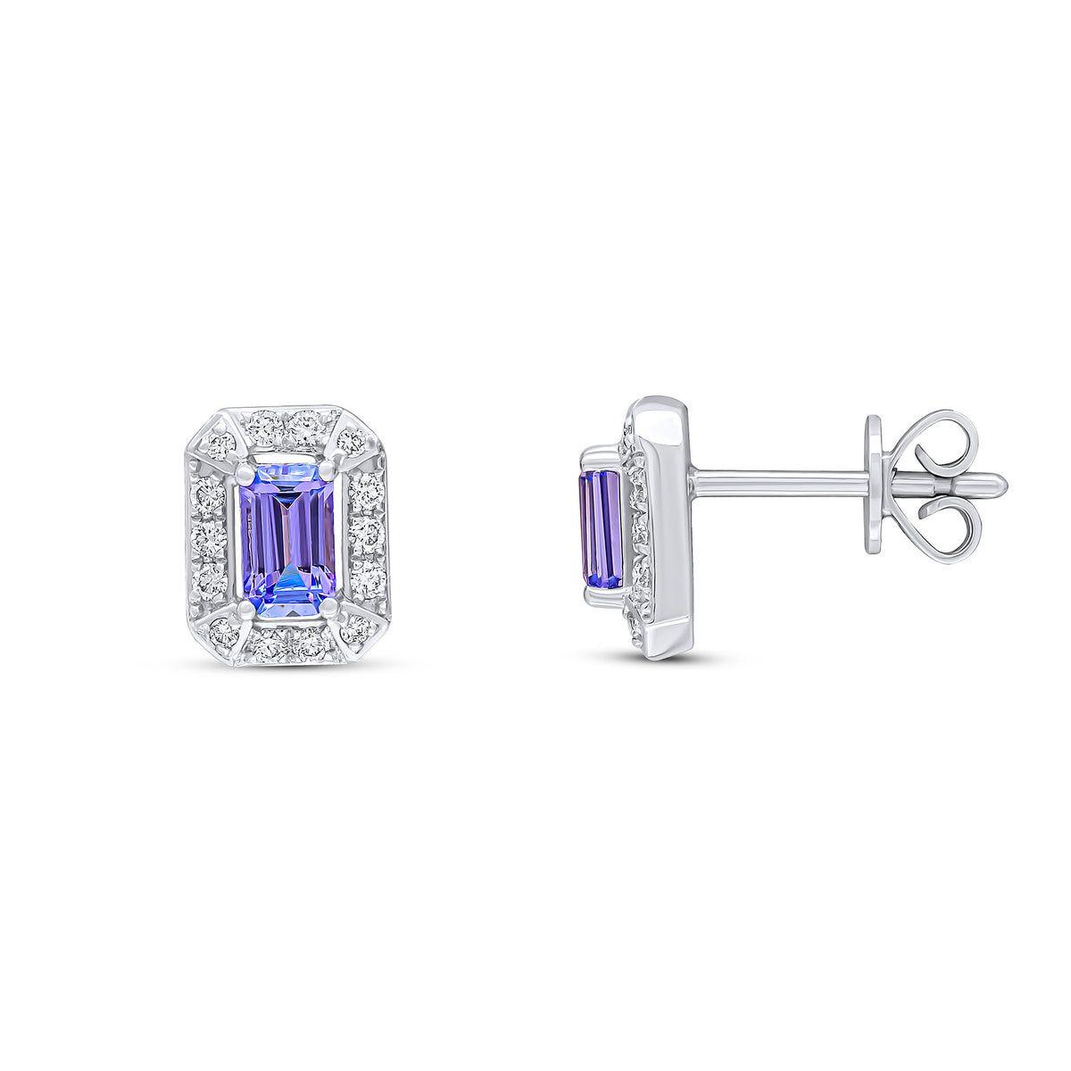 18WG OCTAGONAL TANZANITE & DIAMOND CLUSTER EARRINGS