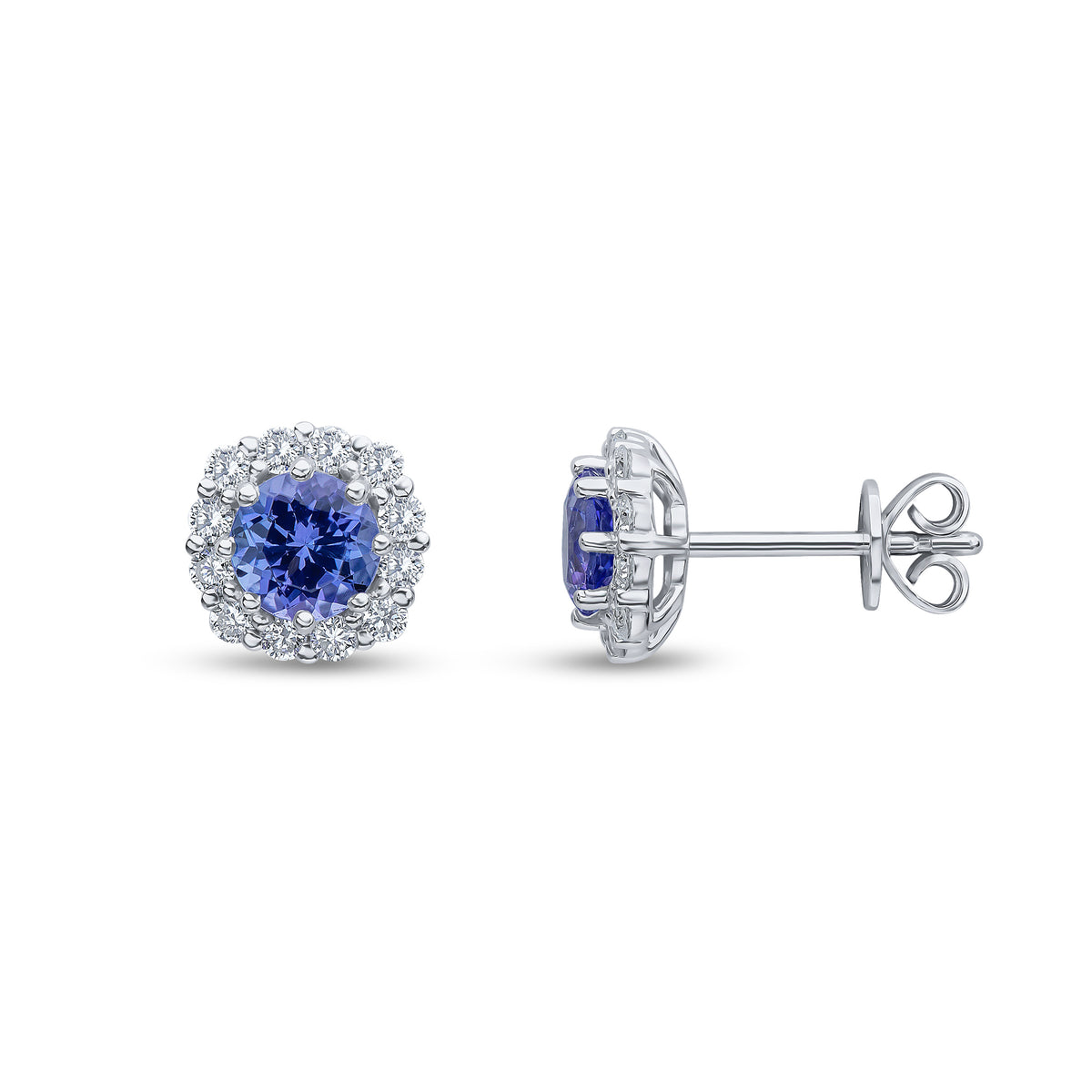 18CT WG 5MM ROUND TANZANITE AND ROUND DIAMOND CLAW SET CLUSTER EARRINGS