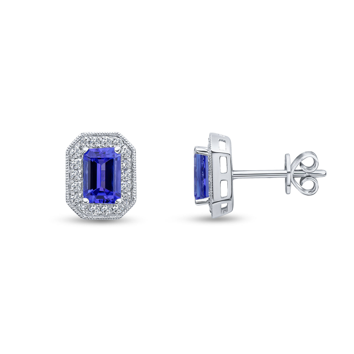 18CT WG CLAW SET 6X4 OCTAGON TANZANITE AND MILLEGRAIN ROUND DIAMOND CLUSTER EARRINGS