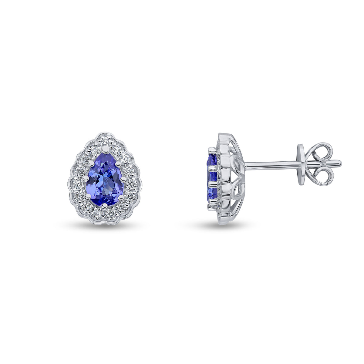 18CT WG CLAW SET 6X4 PEARSHAPE TANZANITE AND ROUND DIAMOND SCALLOPED EDGE CLUSTER EARRINGS