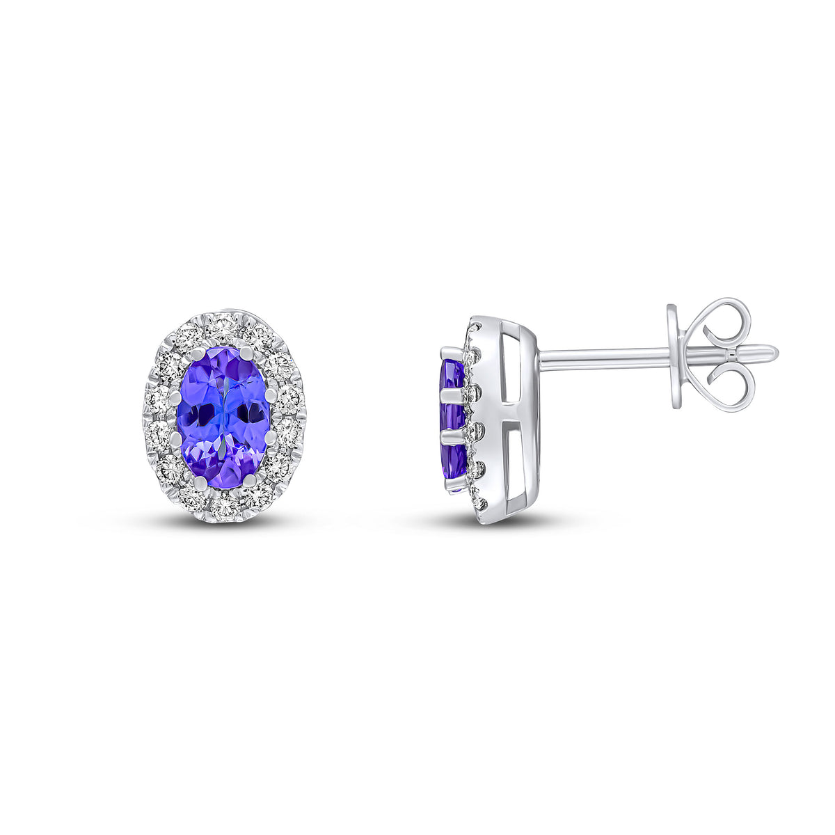 18CT WG OVAL TANZANITE & ROUND DIAMOND CLAW SET CLUSTER EARRINGS