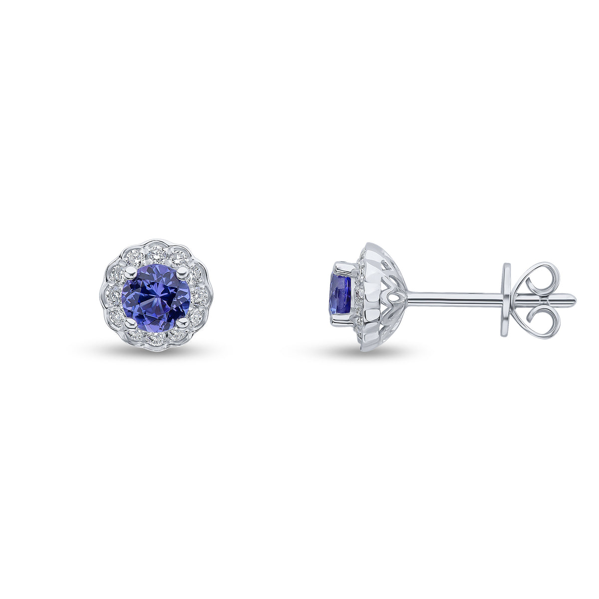18CT WG CLAW SET 4MM ROUND TANZANITE AND SCALLOPED EDGE ROUND DIAMOND CLUSTER EARRINGS