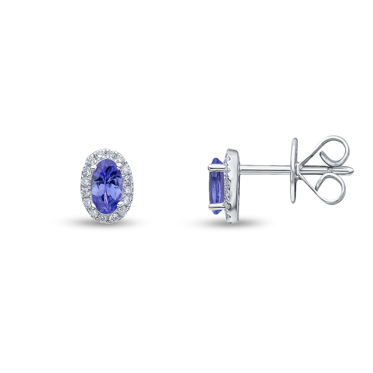 18CT WG 5X3 OVAL TANZANITE AND DIAMOND CLAW CLUSTER EARRINGS