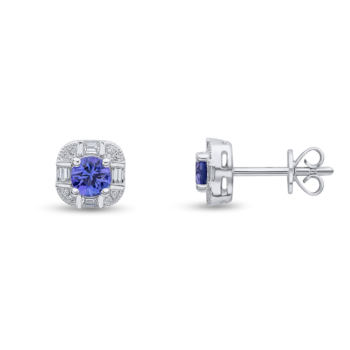 18CT WG ROUND TANZANITE AND ROUND AND BAGUETTE DIAMOND FANCY CLUSTER EARRINGS