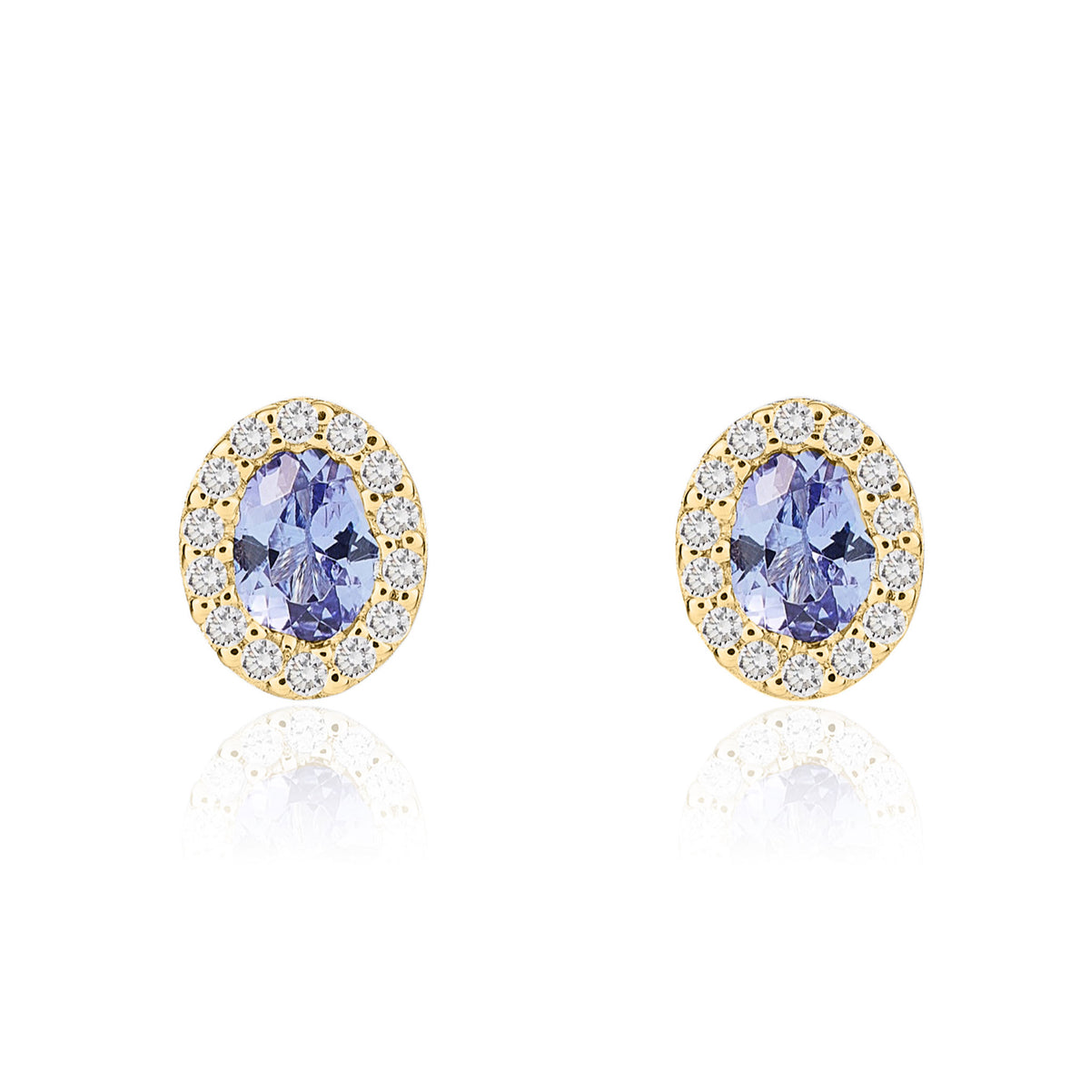 18CT YG 4X3 OVAL TANZANITE & DIAMOND MICROSET CLUSTER EARRINGS