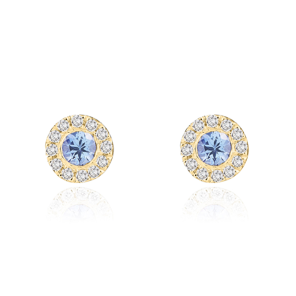 18CT YG 3MM ROUND TANZANITE AND DIAMOND MICROSET CLUSTER EARRINGS