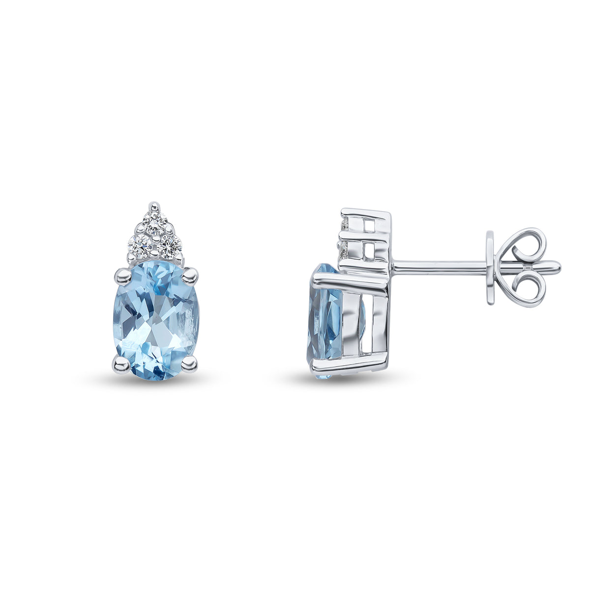18CT WG 7X5 OVAL AQUA AND ROUND DIAMOND TREFOIL TOP CLAW SET EARRINGS