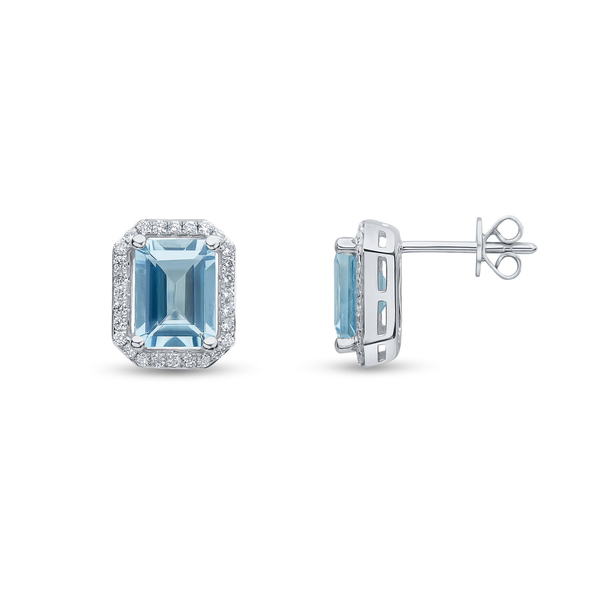 18CT WG OCTAGON AQUA & DIAMOND HALO CLUSTER EARRINGS