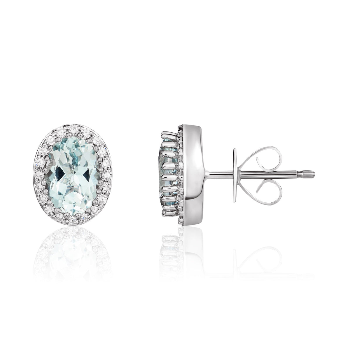 18CT WHITE GOLD OVAL AQUAMARINE & DIAMOND CLUSTER EARRINGS