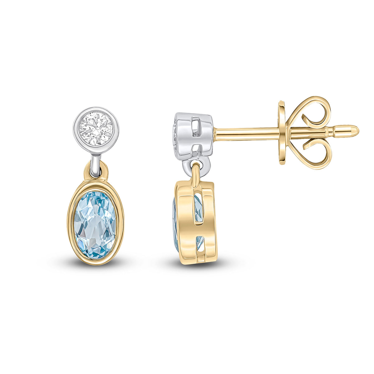 18CT YWG OVAL AQUA AND ROUND DIAMOND 2ST RUBOVER DROP EARRING