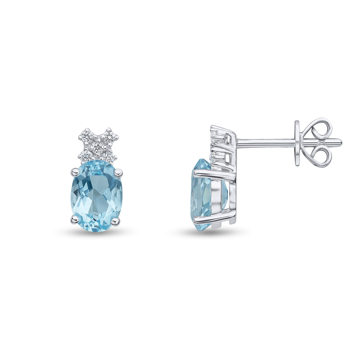 18CT WG OVAL AQUA AND ROUND DIAMOND 5ST 'X' TOP CLAW SET EARRINGS