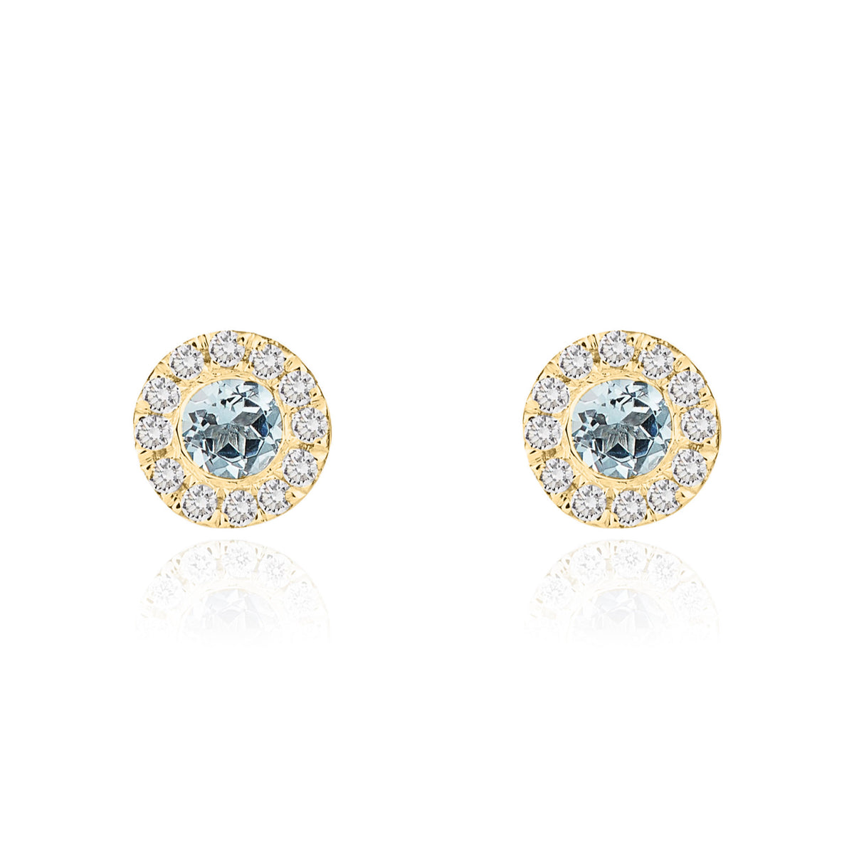 18CT YG 3MM ROUND AQUA AND DIAMOND MICROSET CLUSTER EARRINGS
